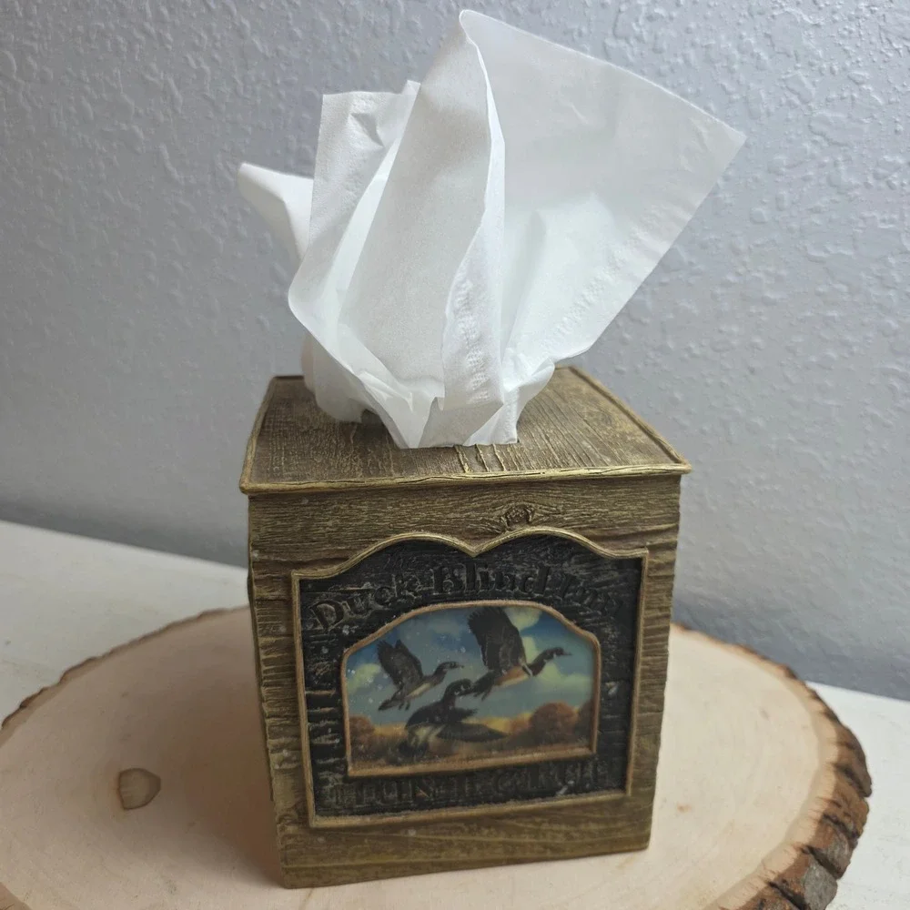 Rustic Lodge Wildlife Tissue‎ Box Cover Resin Faux Wood Deer Duck Dog Cabincore